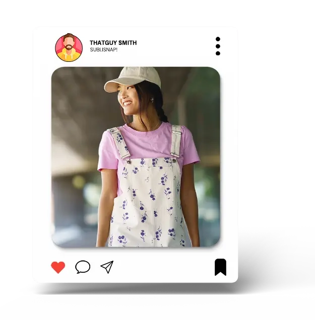 Instagram post of girl in overalls using sublimation coating spray for cotton shirts. She is smiling and looking towards the left.